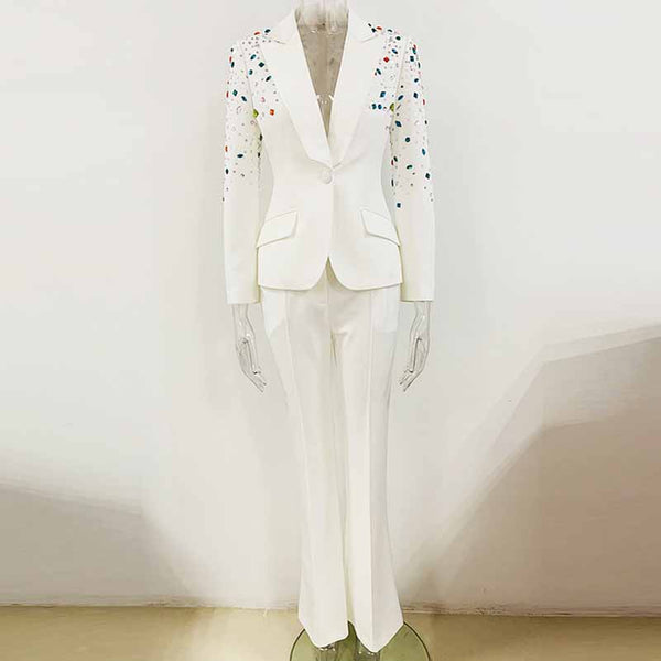 Tailored Two-Piece Set with Beaded Detailing Blazer and Trousers - White