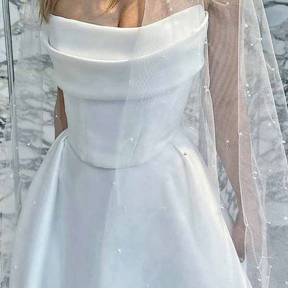 Strapless High Split A-Line Satin Wedding Dress | Custom Elegant Bridal Gown