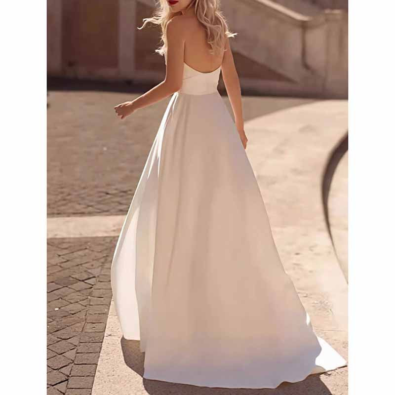 Strapless High Split A-Line Satin Wedding Dress | Custom Elegant Bridal Gown