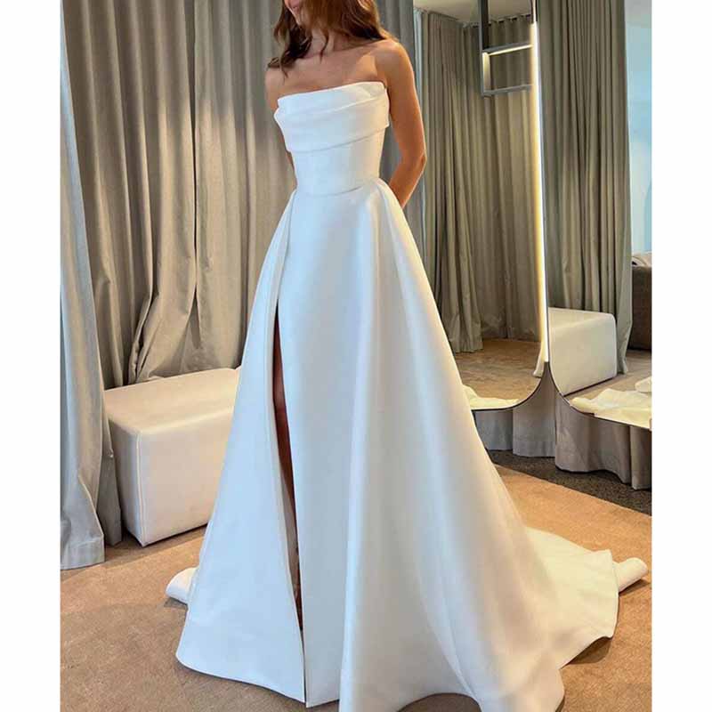 Strapless High Split A-Line Satin Wedding Dress | Custom Elegant Bridal Gown