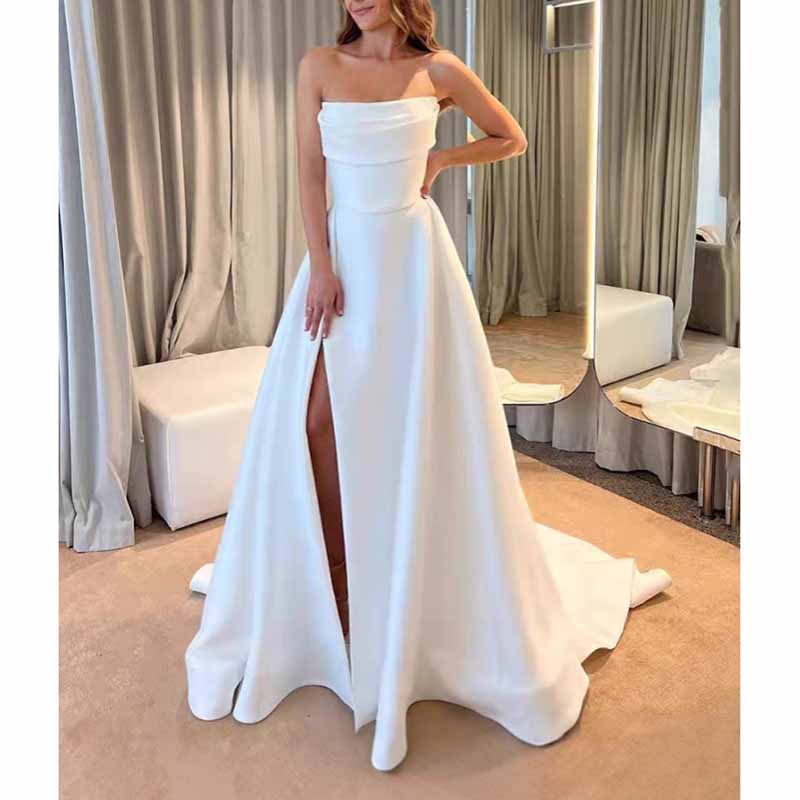Strapless High Split A-Line Satin Wedding Dress | Custom Elegant Bridal Gown