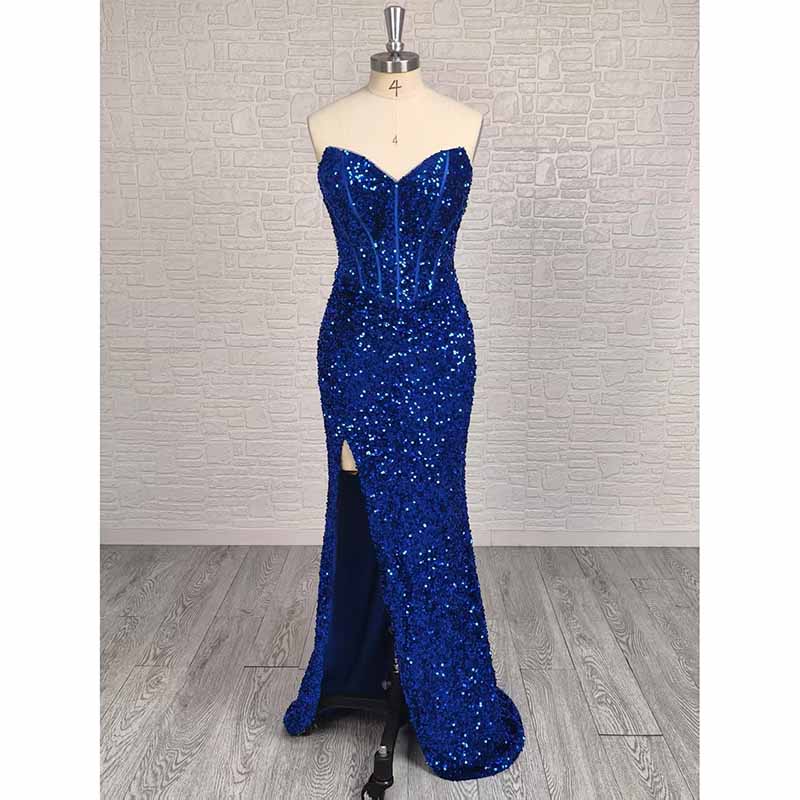 Royal Blue Strapless Sequin High Split Long Prom Dress | Made-to-Measure Evening Gown