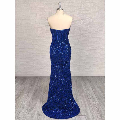 Royal Blue Strapless Sequin High Split Long Prom Dress | Made-to-Measure Evening Gown