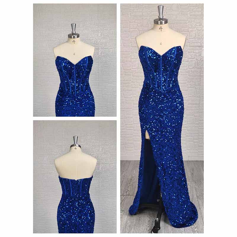 Royal Blue Strapless Sequin High Split Long Prom Dress | Made-to-Measure Evening Gown