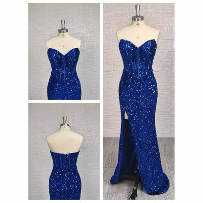 Royal Blue Strapless Sequin High Split Long Prom Dress | Made-to-Measure Evening Gown