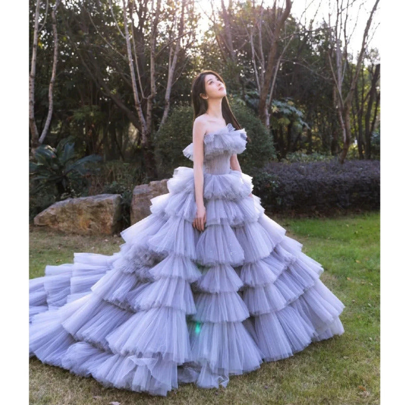 Strapless Tulle Ruffle Prom Dress with Layered Ball Gown With a flowing train