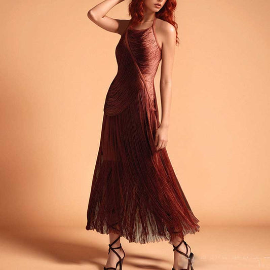 Elegant strappy bodycon dress with tassel details in rich deep red, perfect for special occasions