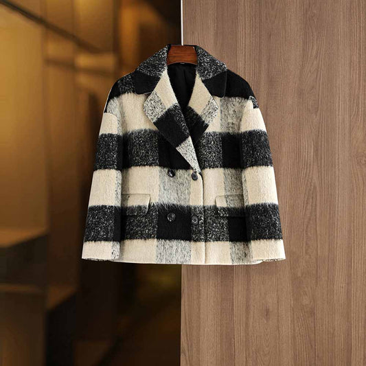 Women's Woolen Short Jacket Loose Black and White Coat