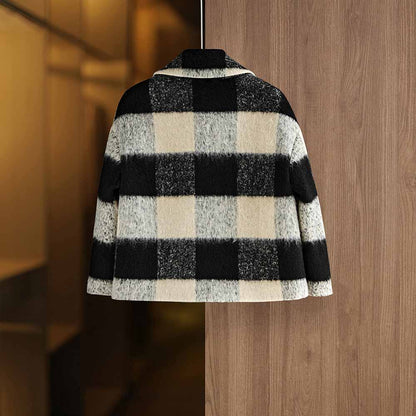 Women's Woolen Short Jacket Loose Black and White Coat