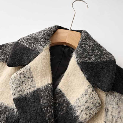 Women's Woolen Short Jacket Loose Black and White Coat