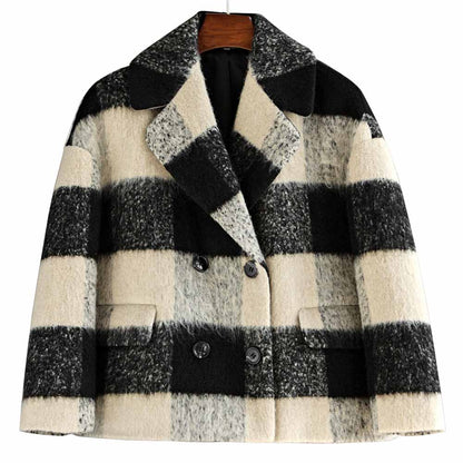 Women's Woolen Short Jacket Loose Black and White Coat