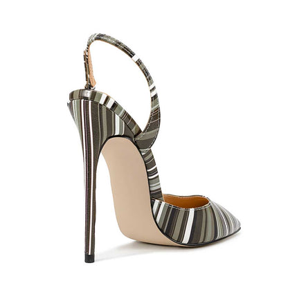 Point Toe High Heels Stripe Pumps Slip On Stiletto Dress Shoes With Slingback 4-13