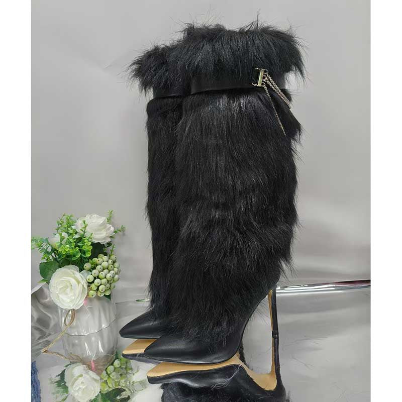 Stylish faux fur boots for evening wear featuring a sleek design and high stiletto heels
