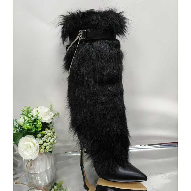 Stylish faux fur boots for evening wear with a sleek stiletto heel and unique design