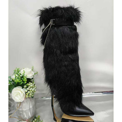 Stylish faux fur boots for evening wear with a sleek stiletto heel and unique design