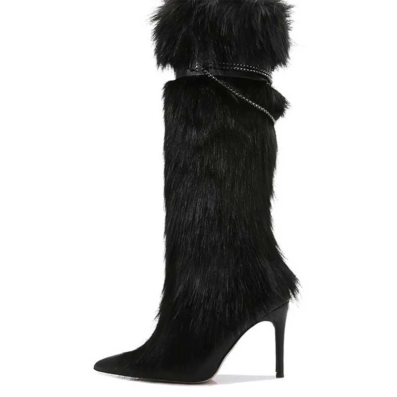 Stylish faux fur boots for evening wear with a sleek stiletto heel and elegant design