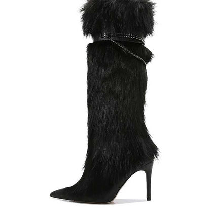 Stylish faux fur boots for evening wear with a sleek stiletto heel and elegant design