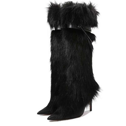 Stylish faux fur boots for evening wear with a sleek black design and pointed toe