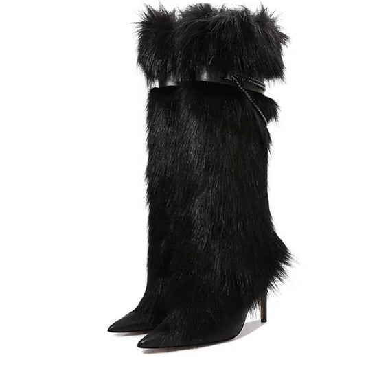 Stylish faux fur boots for evening wear with a sleek black design and pointed toe