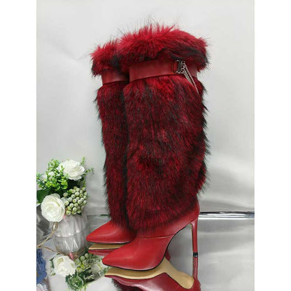 Stylish red faux-fur knee-high boots with high heels and decorative details