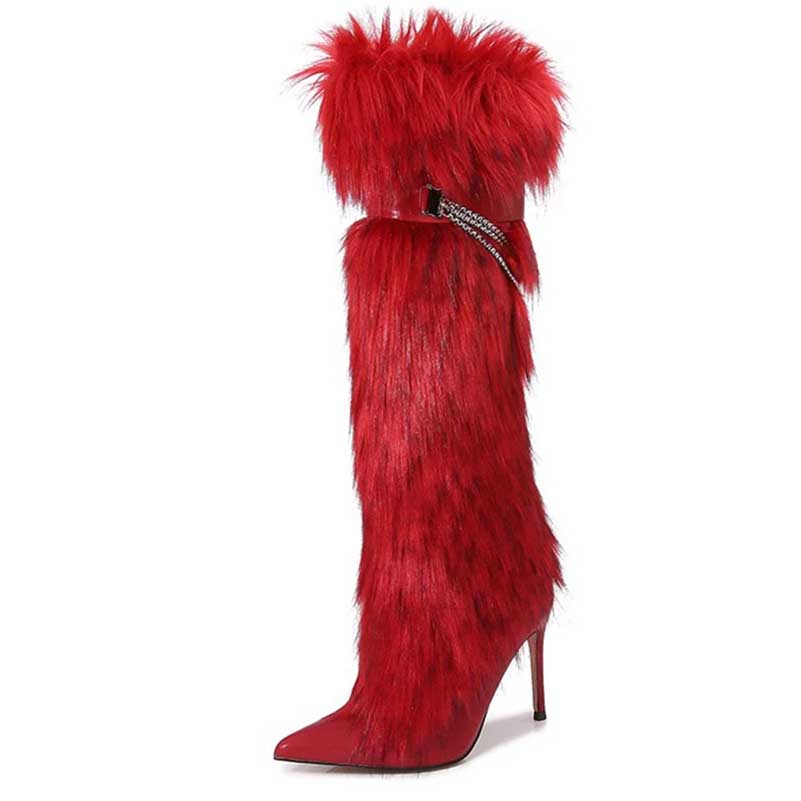 Stylish red faux-fur knee-high boots with a sleek design and high stiletto heel