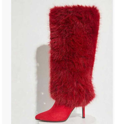 Stylish red faux-fur knee-high boots with a chic pointed toe and high heel design