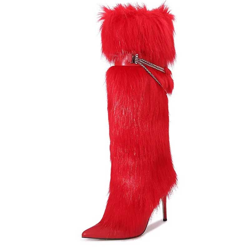 Stylish red faux-fur knee-high boots with stiletto heels for a bold fashion statement