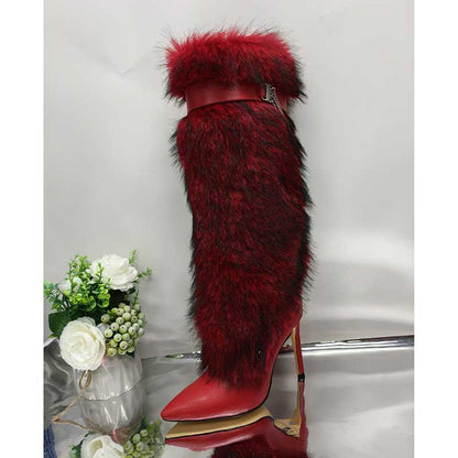 Stylish red faux-fur knee-high boots with stiletto heels and trendy design for fashion enthusiasts
