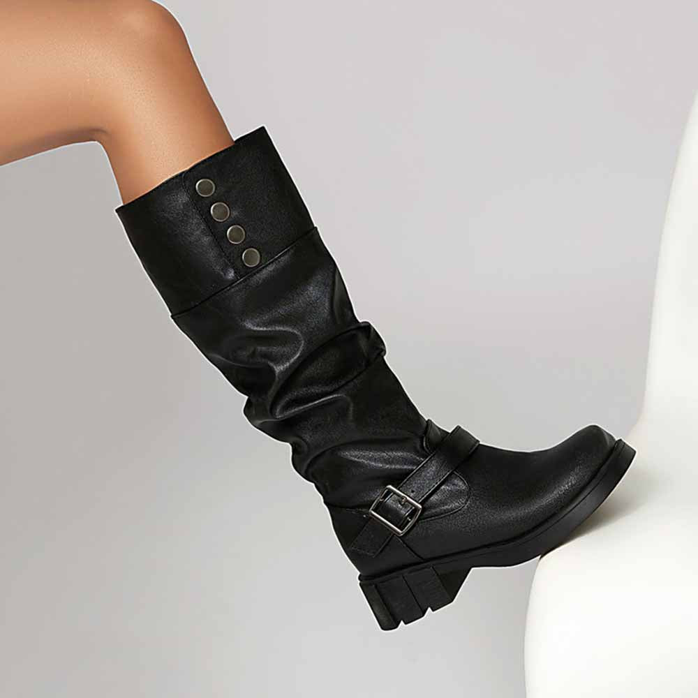 Stylish women's boots for prom featuring a slouchy design and buckle detail in black