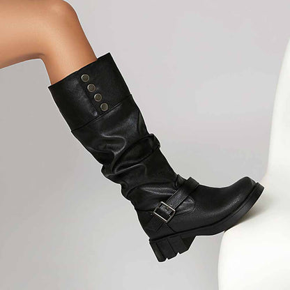 Stylish women's boots for prom featuring a slouchy design and buckle detail in black