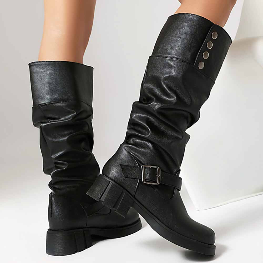 Stylish women's boots for prom featuring a sleek black design with buckle and button details