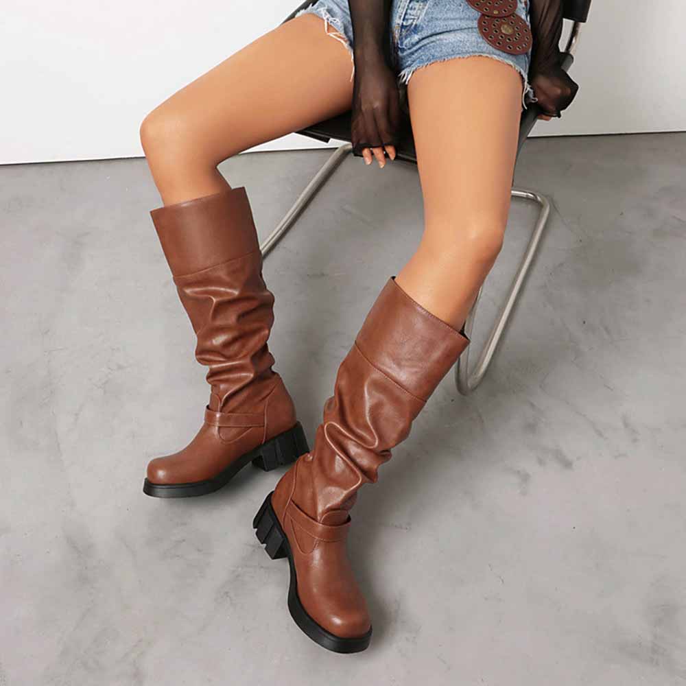 Stylish women's boots for prom in brown with slouchy design and chunky heels for a trendy look