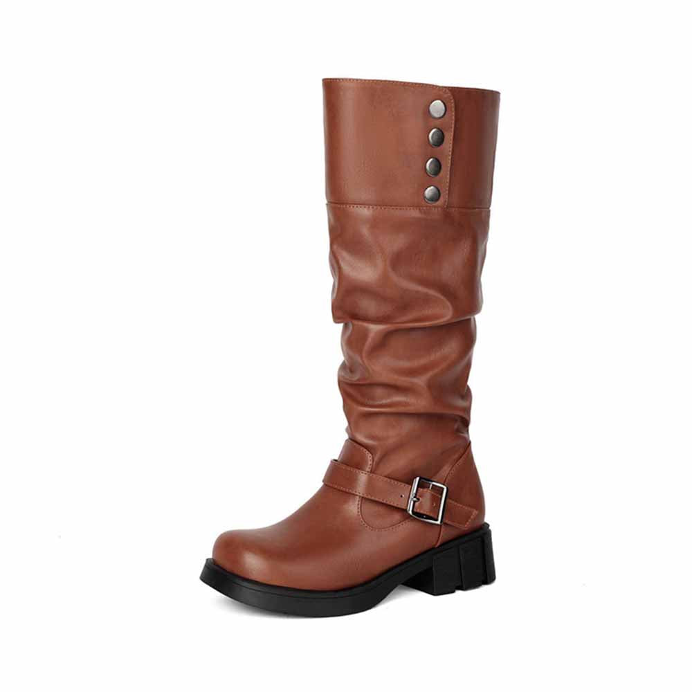 Brown slouchy stylish women's boots for prom with buckle detail and snap button accents
