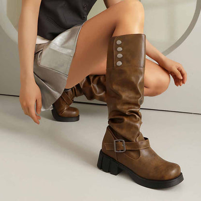 Stylish women's boots for prom in brown with a buckle and button detail