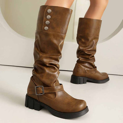 Stylish women's boots for prom in brown with buckle and button details for a fashionable look