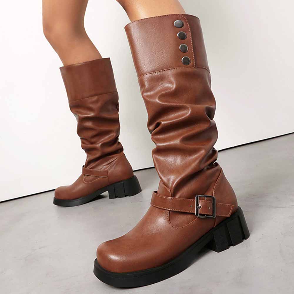 Stylish women's boots for prom in brown with a slouchy design and buckle detail