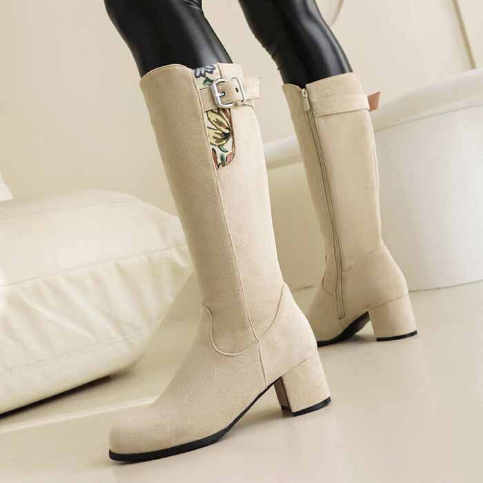 Women's suede chunky heeled knee high boots