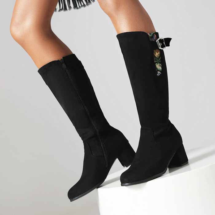 Women's suede chunky heeled knee high boots