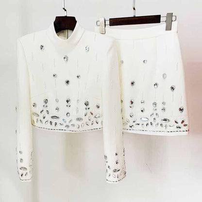 Women's Formal Skirt Suit Fitted Diamonds Pearls Decoration Short Crop Jacket + Mini Skirt Suit