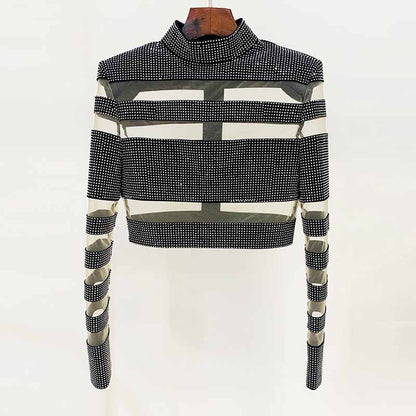 Women Bling Bling Rhinestones Mesh Sexy Fitted Crop Top + Mini Skirt Suit Party Suit