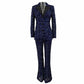 Women's Navy Blue Sequin Laced Blazer Suit Two Pieces Formal Pantsuit