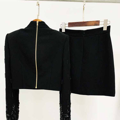 Women's Formal Skirt Suit Fitted Diamonds Pearls Decoration Short Crop Jacket + Mini Skirt Suit