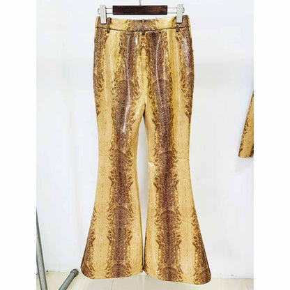 Women's Snake Patterned Pantsuit Leather Jacket and Flare Bottoms Two Pieces Suit