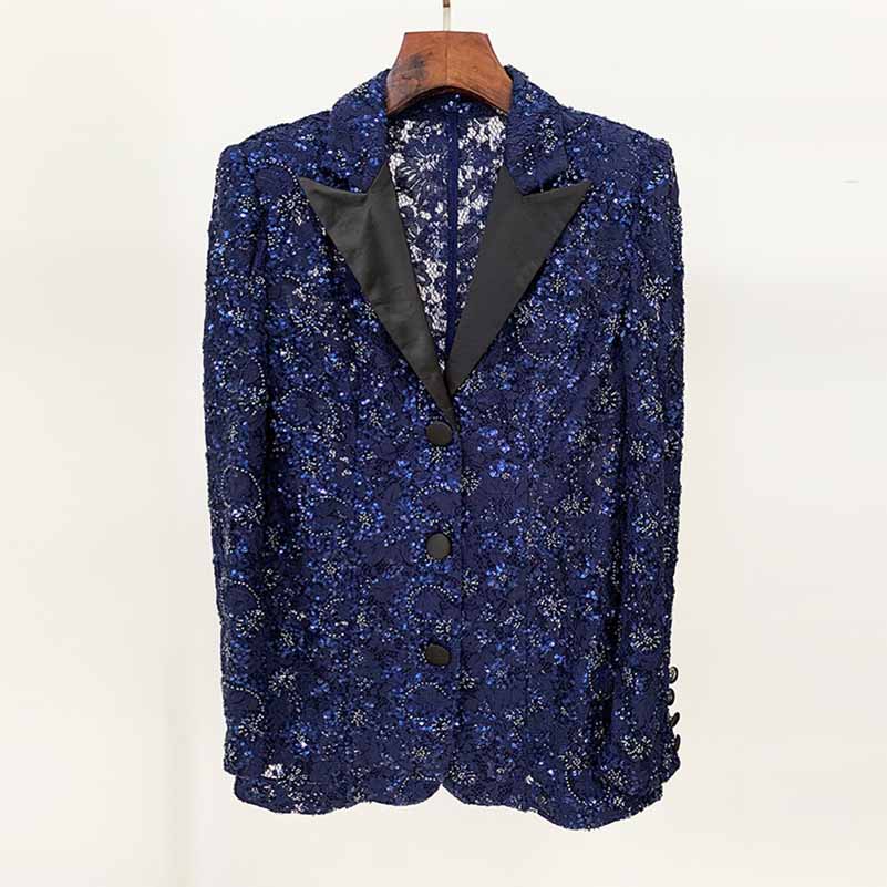 Women's Navy Blue Sequin Laced Blazer Suit Two Pieces Formal Pantsuit