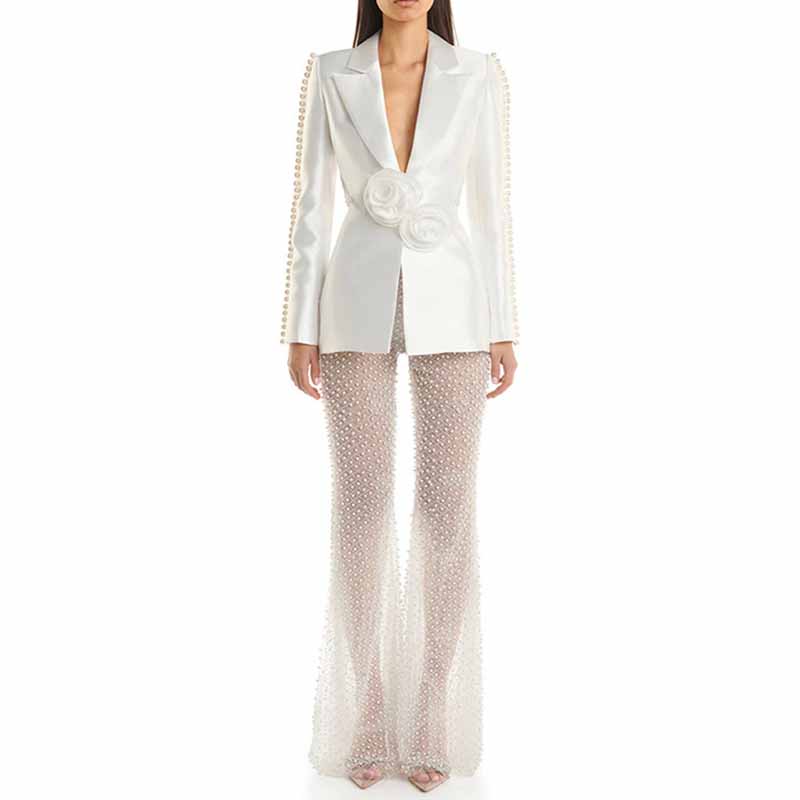 Hollowed Wedding Pantsuit with Pearls Event Set Formal Suits