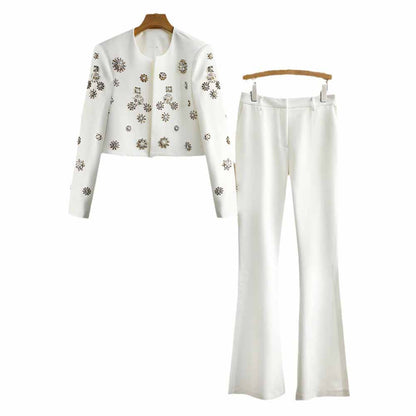 Women's Pantsuit Long Sleeves Crystal Pearl Blazer Set Pantsuit
