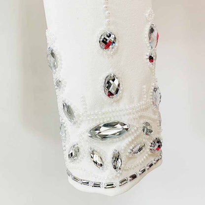 Women's Formal Skirt Suit Fitted Diamonds Pearls Decoration Short Crop Jacket + Mini Skirt Suit