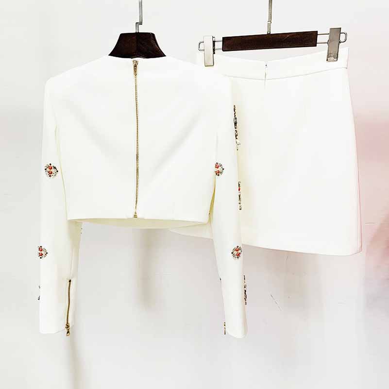 Women's Skirt Suit Fitted nail bead diamond Short Crop Jacket + Mini Skirt Suit
