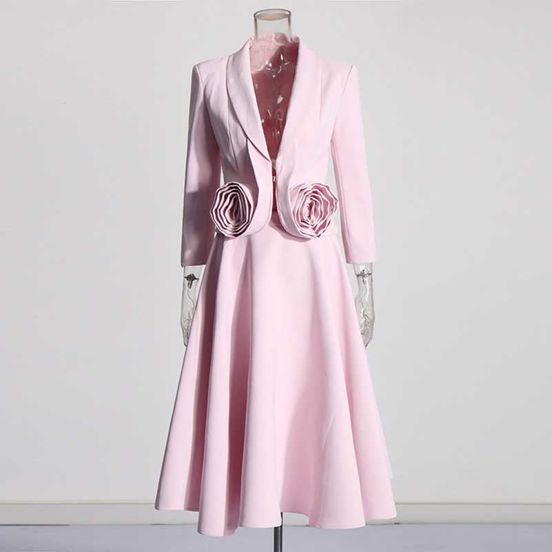 2-Piece 3D Rose Blazer With Pleated Skirt Suit