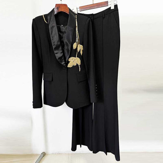 Women Satin Collar Event Pantsuit Bell-bottom Trousers Suit with Beaded
